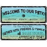 flinelife Welcome to Our Patio metalen bord, 16 x 6, buitendecoratie voor terras, veranda, zwembad, buitenmuurdecoratie