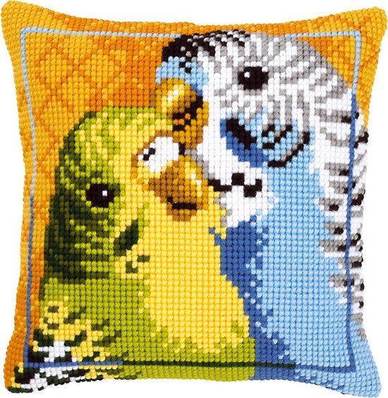 Vervaco Kruissteekkussen pakket Grasparkieten - Borduurpakket - 40 x 40 cm
