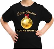 Bellatio Decorations kerst t-shirt voor kinderen - Merry Christmas - wereld - zwart - Kerstdiner 116/134