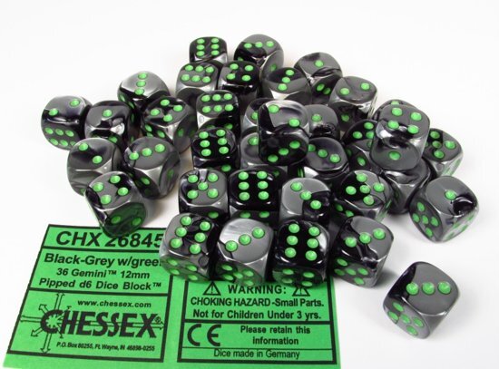 Chessex dobbelstenen set 36 6-zijdig 12 mm Gemini black-grey w/green