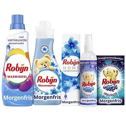 Robijn Morgenfris Was & Strijkpakket - Wasmiddel, Wasverzachter, Geurstokjes, Refresh Spray en Droogtrommeldoekjes - Voordeelverpakking