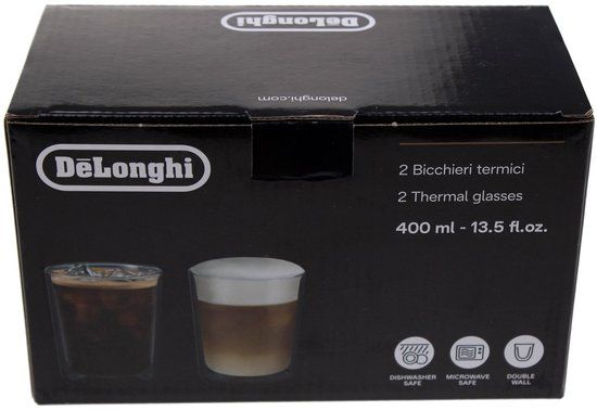 De'Longhi DLSC318 Set thermoglazen van dubbelwandig duurzaam borosilicaatglas, aangenaam om vast te houden, condensvrij, vaatwasmachinebestendig, inhoud 400 ml