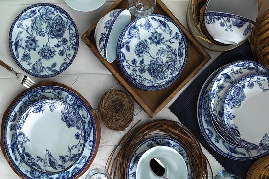 Elegante Asir Diner Set (24 stuks) - Blauw Wit - 100% Porselein