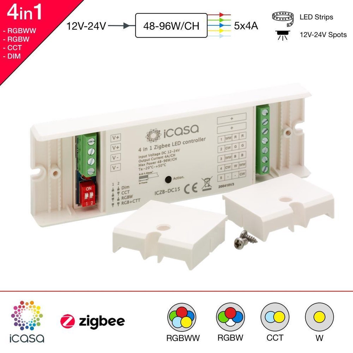 iCasa 4-in-1 Zigbee 3.0 LED controller - dimmer - 12-24V - Dim, CCT, RGB, RGBW, RGBWW
