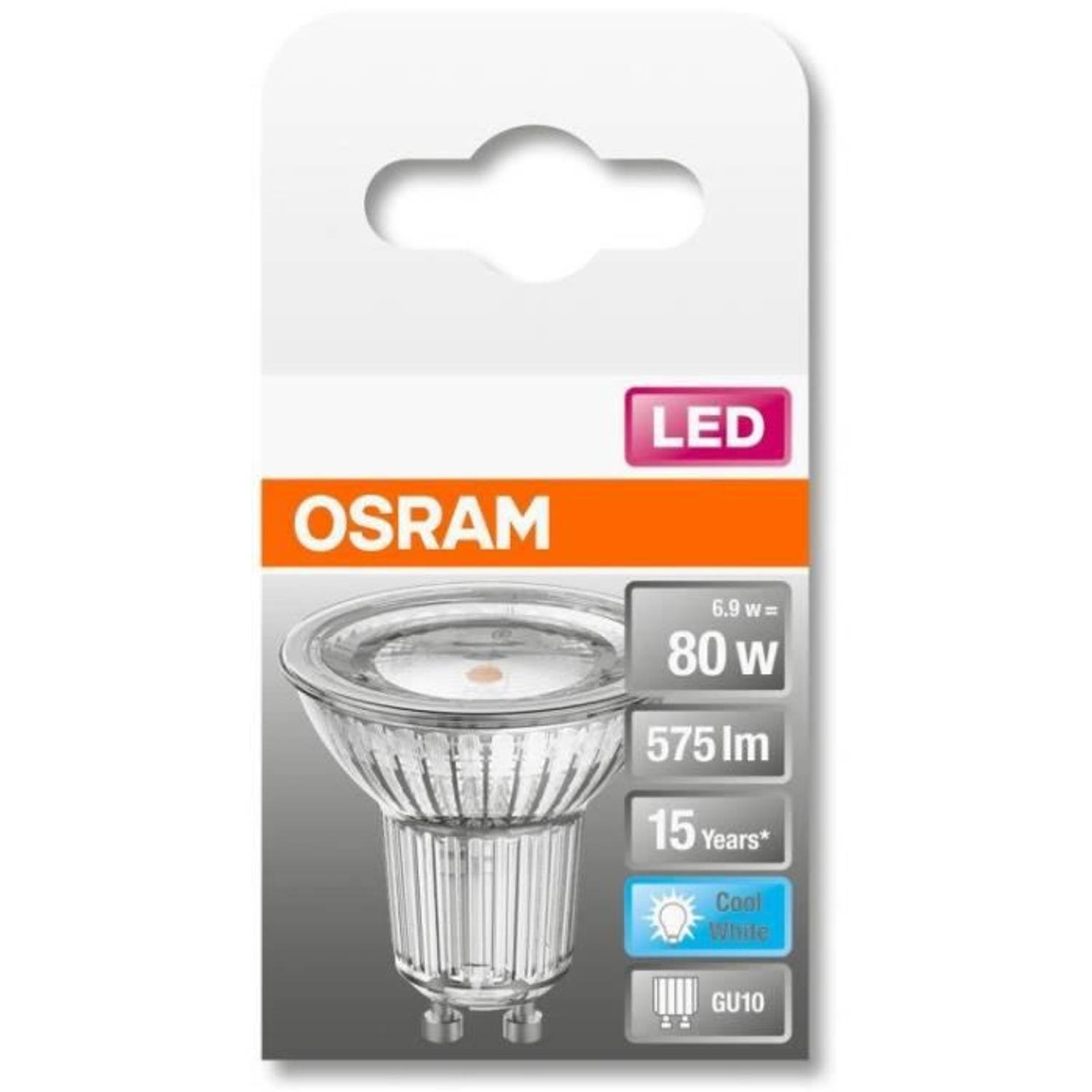 Osram spot par16 led 120 ° glas - 6,9w equivalent 80 gu10 - koel wit