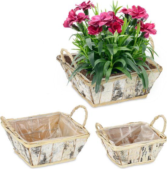 Relaxdays Bloempot - set van 3 - berkenhout - folie - rechthoekig - binnen & buiten - wit/natuur