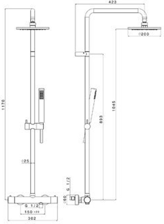 Plieger Napoli douchesysteem m. douchekraan thermostatisch m. hoofddouche Ø20cm m. handdouche staafmodel m.1 stand chroom BU85RM2151CR 0682170