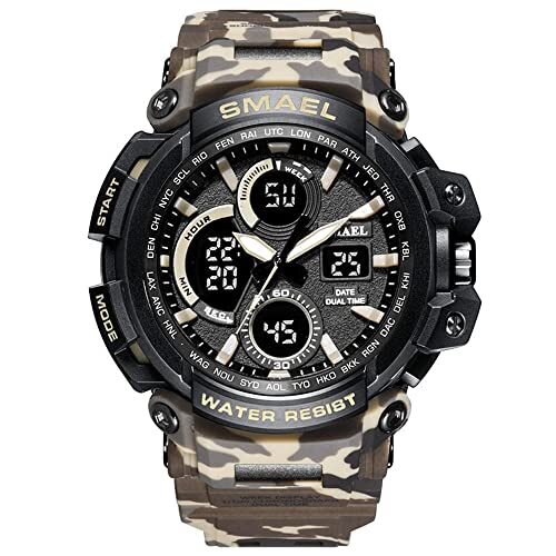 KDFJ Camouflage sporthorloges, digitaal horloge voor heren, waterdicht bergbeklimmen Zwemmen multifunctionele LED-achtergrondverlichting studentensporthorloge-Camo Kaki