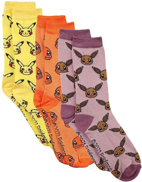Pokémon Characters - 3-Pack Socks - 39/42 - Pikachu Eevee Charmander