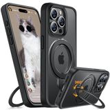 Miracase Telefoonhoes voor iPhone 15 Pro, ontwerp voor MagSafe, mat, telefoonhoes met ingebouwde 360° draaiende magnetische standaard, beschermhoes, case, 15 Pro, doorschijnend (zwart)