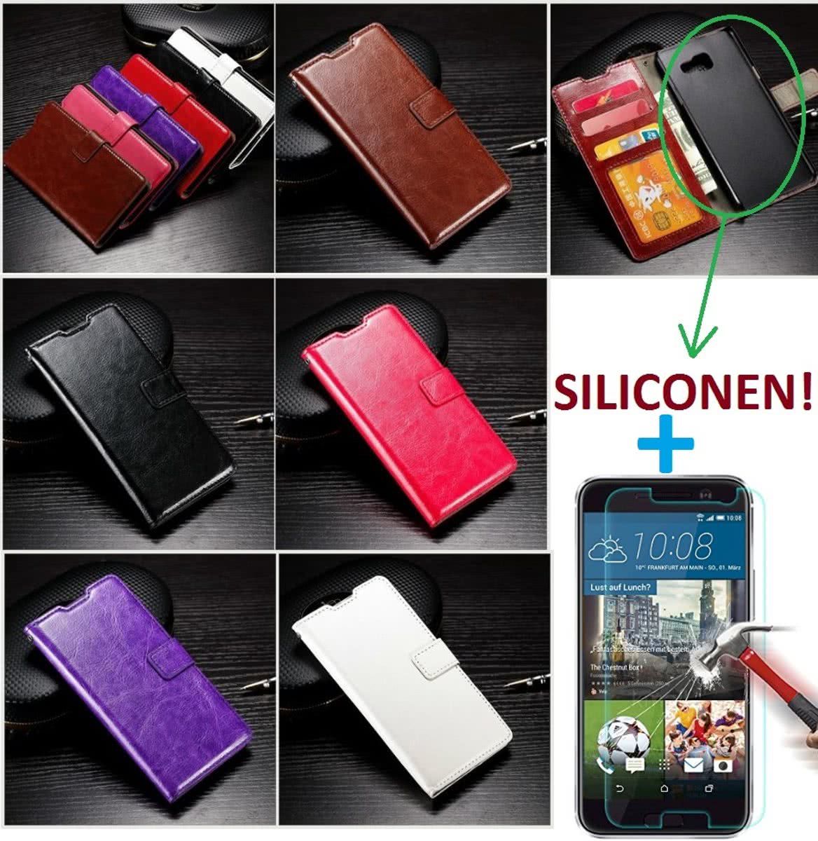 Aml HTC One A9 Portemonnee hoes wit met Tempered Glas Screen protector