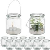 Merkloos windlicht lantaarn - set van 12 - glas - met hengsel - binnen - buiten