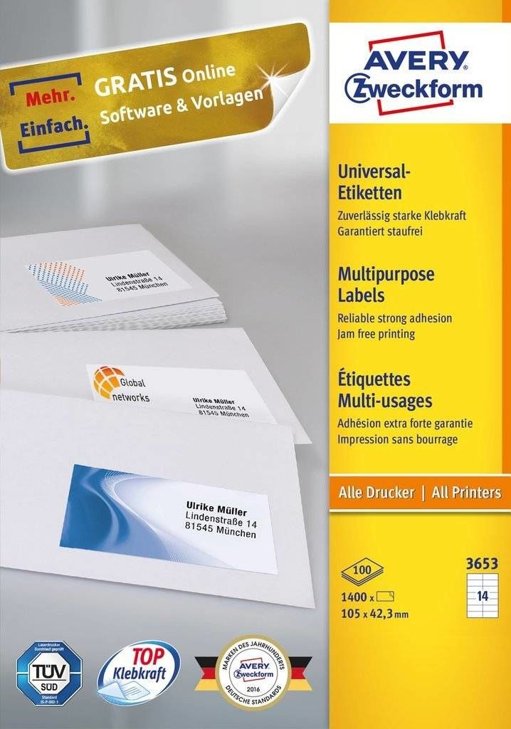 Avery 3653 - White Rectangle Labels - 105 x 42.3 mm - Permanent - 1400 Labels