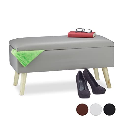 Relaxdays Zitbank met opbergruimte - 40 L - Gewatteerd - Houten poten - Kunstleer - Grijs