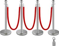 Bol 4 stuks paal intrekbaar argent avec dessus rond, pour la création de files d'attente et la régulation de la foule, incluant 1,5 mètre de cordon de velours rouge