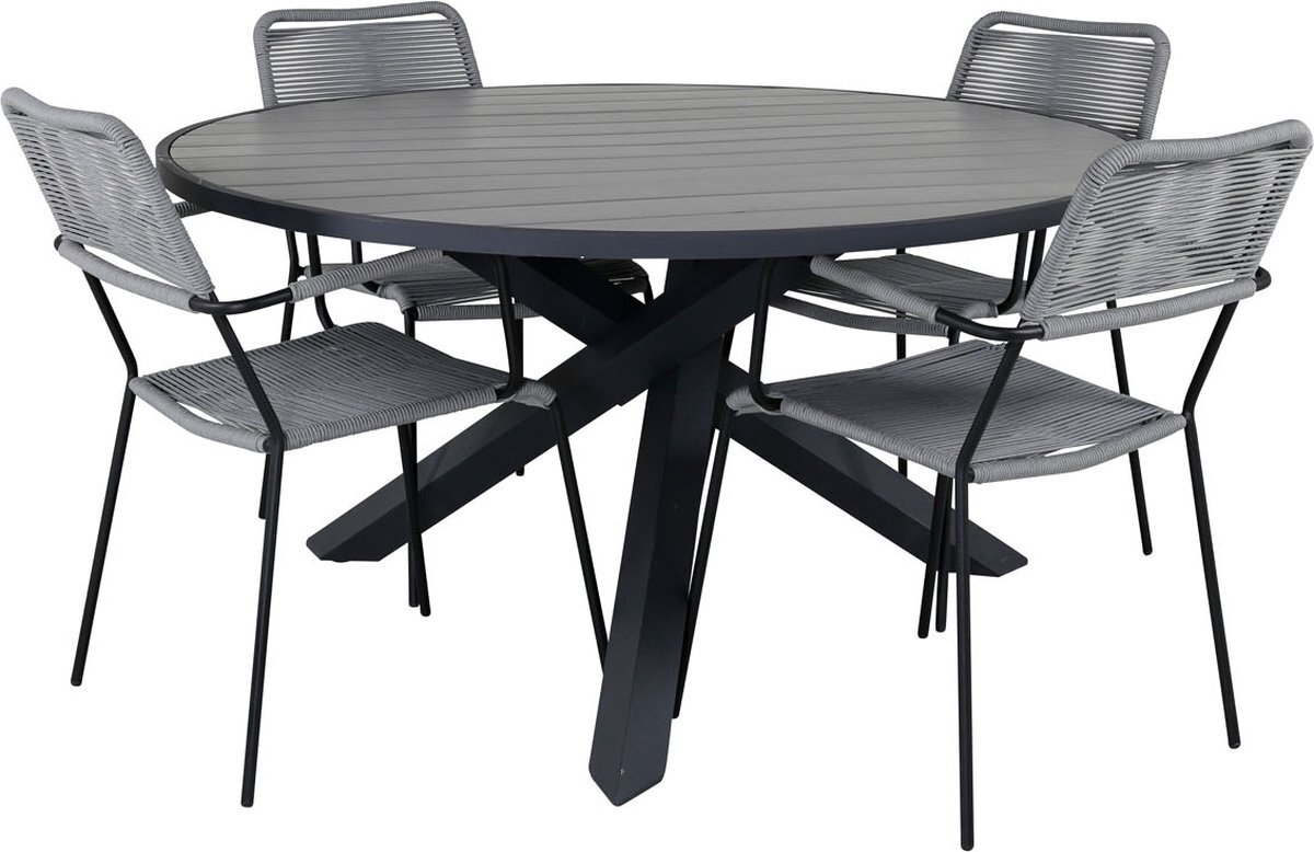 Hioshop Parma tuinmeubelset tafel Ø140cm en 4 stoel armleuningG Lindos zwart, grijs.