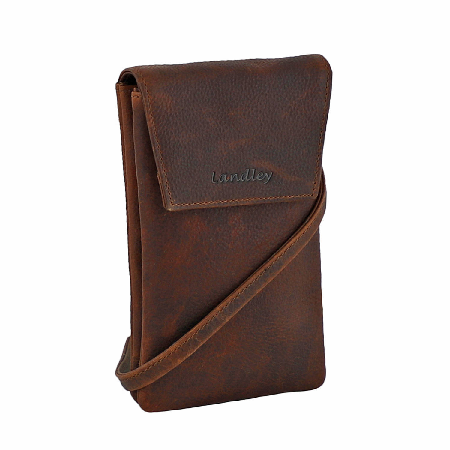 Landley Leren Dames Telefoontasje - Klein Schoudertasje - Phone Wallet - Leer - Cognac Bruin