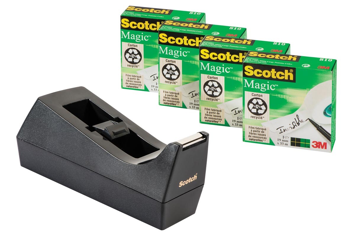 Scotch Plakbandhouder c38 + 4rol magic tape 19mmx33m zwart