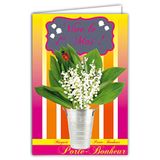 Afie 68-1046-A kaart met envelop geel Muguet geluksbrenger met lieveheersbeestje van hout, handbeschilderd 1 mei in roze glanzend 13 witte klokjes bloemenboeket party lente