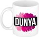 Bellatio Decorations Dunya naam cadeau koffie mok - beker - met roze verfstrepen - Cadeau collega - moederdag - verjaardag - juf - coach - 300 ml - wit