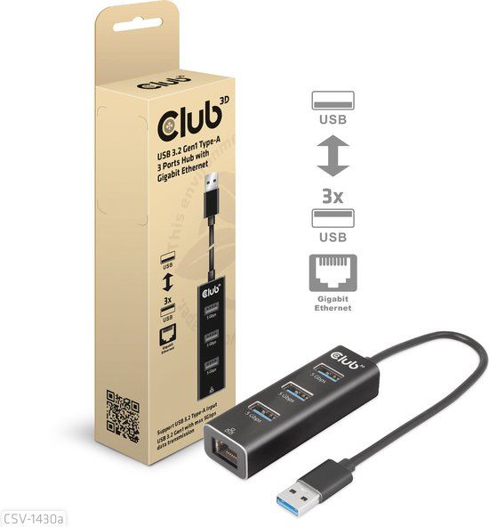 CLUB3D USB 3.2 Gen1 Type-A, 3-poorts hub met Gigabit Ethernet - Zwart