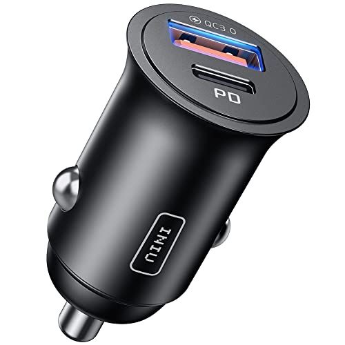 INIU Autolader, 60W 5A All-Metal Mini Car Adapter, 2-Port (USB C+USB A) Snelle Autolader met PD & QC 3.0 voor iPhone, Samsung, Pixel, iPad, MacBook, AirPods, enz.