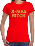 Bellatio Decorations Foute Kerst t-shirt - x-mas bitch - goud / glitter - rood - dames - kerstkleding / kerst outfit M