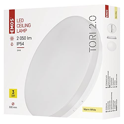 Emos Led-plafondlamp TORI, waterdichte 24 W badkamerlamp voor binnen en buiten, 2050 lm ronde hallamp/badkamerlamp, warmwit 3000 K, plafondlamp voor hal, badkamer, keuken, Ø33 cm