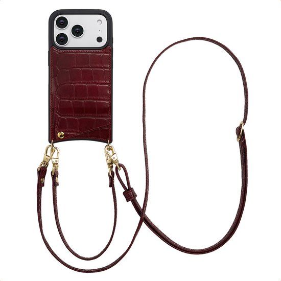 Selencia Hoesje - Geschikt voor Apple iPhone 17 Pro - Croco Backcover met koord en pashouder - Burgundy