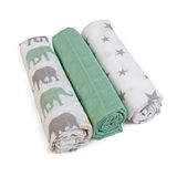 GRÜNSPECHT 1500-V4 Mullluiers 70 x 70 cm van 100% katoen, spuugdoeken, zonder optische witmakers, huidvriendelijk en absorberend, 3 stuks, groen, sterren, olifanten