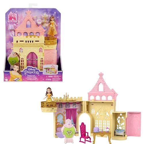 Mattel Disney Princess Belle's Castle Playset - Stackable Dollhouse with Small Doll and 8 Accessories, Inspired by the Disney Movie, Travel Toy and Gifts for Kids HLW94