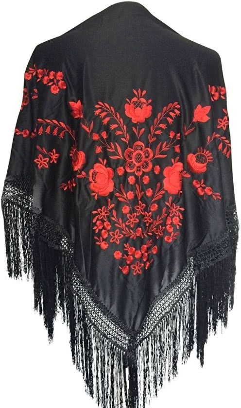 Spaansejurk NL Spaanse manton - omslagdoek - zwart rood Large bij verkleedkleding of Flamenco jurk