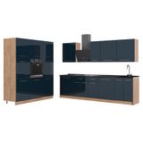 Vicco Complete keukeneenheid Fame-Line, Donkerblauw hoogglans/Goudkleurig Eiken, 460 cm, WB Antraciet