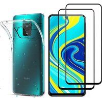 Phonillico® Case for Xiaomi REDMI NOTE 9S / REDMI NOTE 9 PRO and 2 Tempered Glass Screen Protectors - Soft Silicone Protection Black Edge