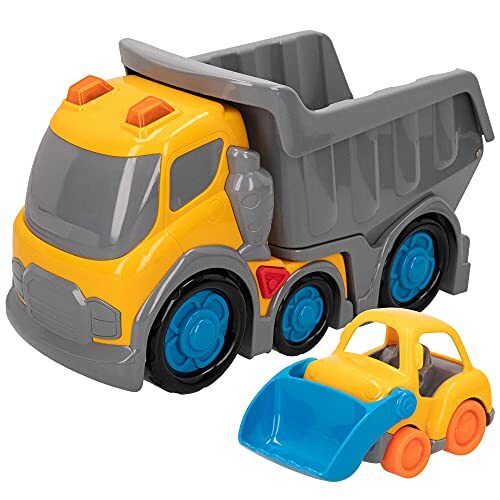 COLORBABY Kiddy GO! Kipper vrachtwagen speelgoed, kipper speelgoed, vrachtwagen voor kinderen met licht en geluid, vrachtwagen bouw met mini-graafmachine, educatief speelgoed, kinderspeelgoed, 1 jaar (46608)