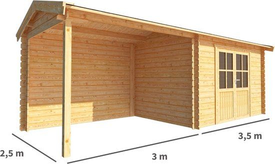 Merkloos Blokhut met overkapping Fenna 650 cm bij 250 cm diep Zadeldak bruin