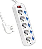 V-TAC Stekkerdoos met onafhankelijke schakelaars, 5 stopcontacten 10/16 A Zipasso + Shuko, stekker 16 A, stopcontact voor thuis, kantoor, winkel, kleur wit