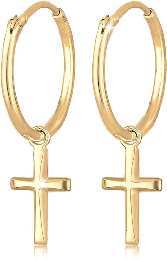 Elli Earrings Hoops Cross Faith Religion 925 Sterling Silver Gold Plated