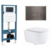 QeramiQ Dely Swirl Toiletset - inbouwreservoir Qeramiq Flush - slim zitting - metaal gunmetal bedieningsplaat - rechthoekige knoppen - glans wit