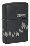 Zippo Stormaansteker, Flame Logo Pattern, matzwart met chroom, lasergravure 360°, navulbaar, herbruikbaar, windbestendig design, cadeaudoos, gemaakt in de VS