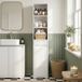 Armoire de salle de bain haute, meuble de rangement avec porte, tiroir, compartiments ouverts, étagère réglable, blanche