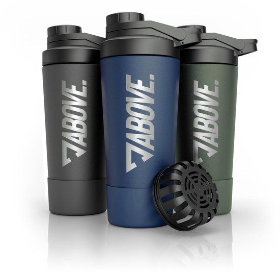 ABOVE. RVS proteïneshaker 750ml – BPA-vrij, dubbelwandig geïsoleerd – houdt 12u warm/koud – lekvrij deksel, geïntegreerde maatverdeling – blauw
