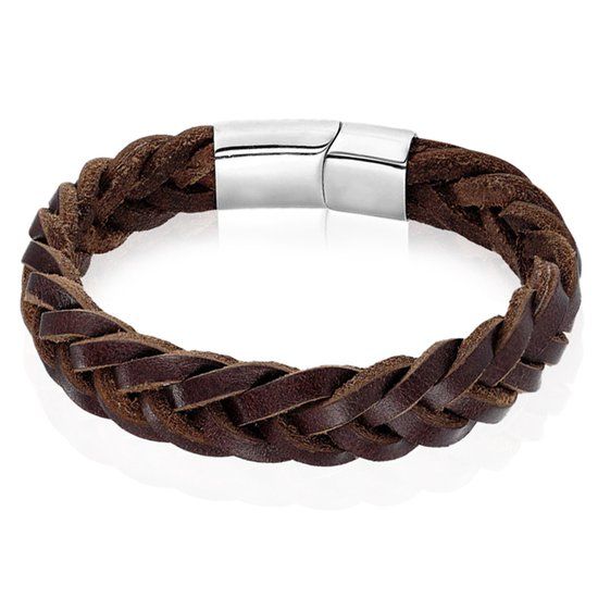 LGT JWLS LGT Jewels Heren armband Gevlochten Leer Edelstaal Bruin Zilverkleurig-23cm