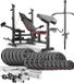 Hop-Sport HS-1075 Banc d'haltères réglable avec supports de barre et barre de curl, set d'haltères 135 kg
