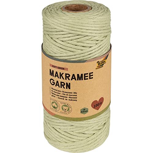 Folia 24992 24992 macramé groen, katoen, 100 m gedraaid garen in zacht, diameter 3,5 mm, voor knutselen en knopen, zachtgroen