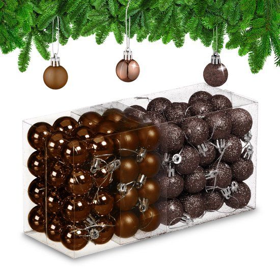 Relaxdays Kerstballen set van 96 - Kunststof - 3 cm - Mat, Glanzend, Glitters - Bruin