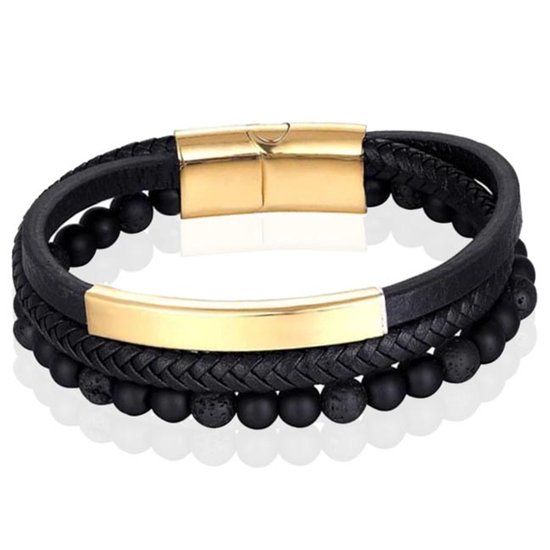 Memphis Heren armband Memphis Agaat kraal gevlochten leer Goudkleurig Zwart - 19cm