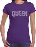 Bellatio Decorations Glitter Queen T-shirt Paars met Steentjes/Rhinestones voor Dames - Glitter Kleding/Foute Party Outfit S