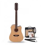 Gear4music Dreadnought 12-snarige Elektro-akoestische Gitaar, Naturel, 15W Akoestische Versterker & Accessoireset