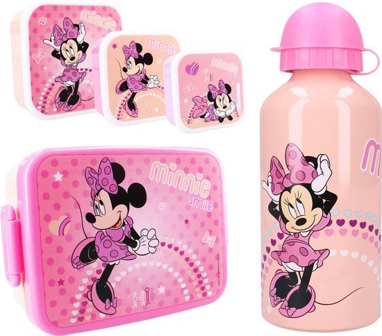 4KidsOnly Minnie Mouse Lunchset - Lunchbox - Drinkfles - 3 Snackboxen - Roze